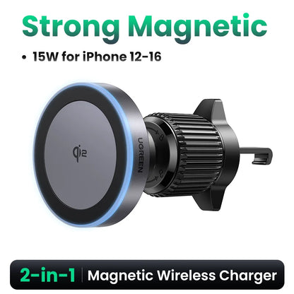 15W Magnetic Wireless Car Charger Phone Holder with LED Light for iPhone 16, 17 Pro Max & MagSafe Compatible Devices