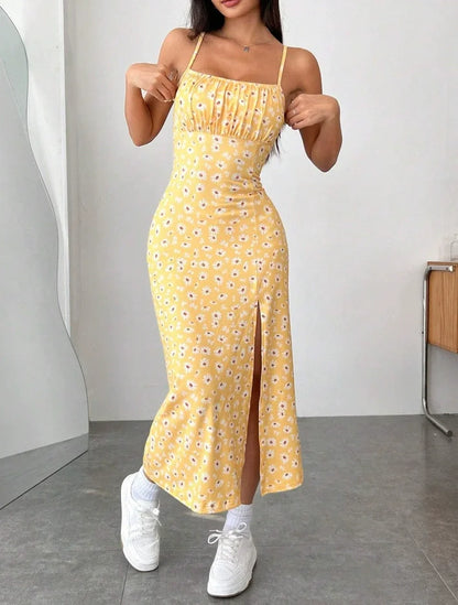 Strapless Floral Print Maxi Dress with High Slit