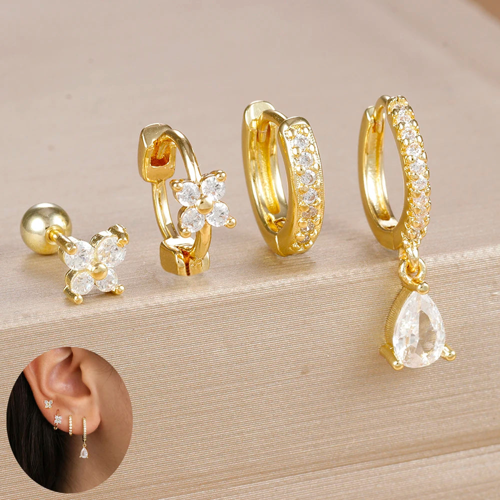 4-Piece Stainless Steel Zircon Huggie Hoop Earrings Set for Women