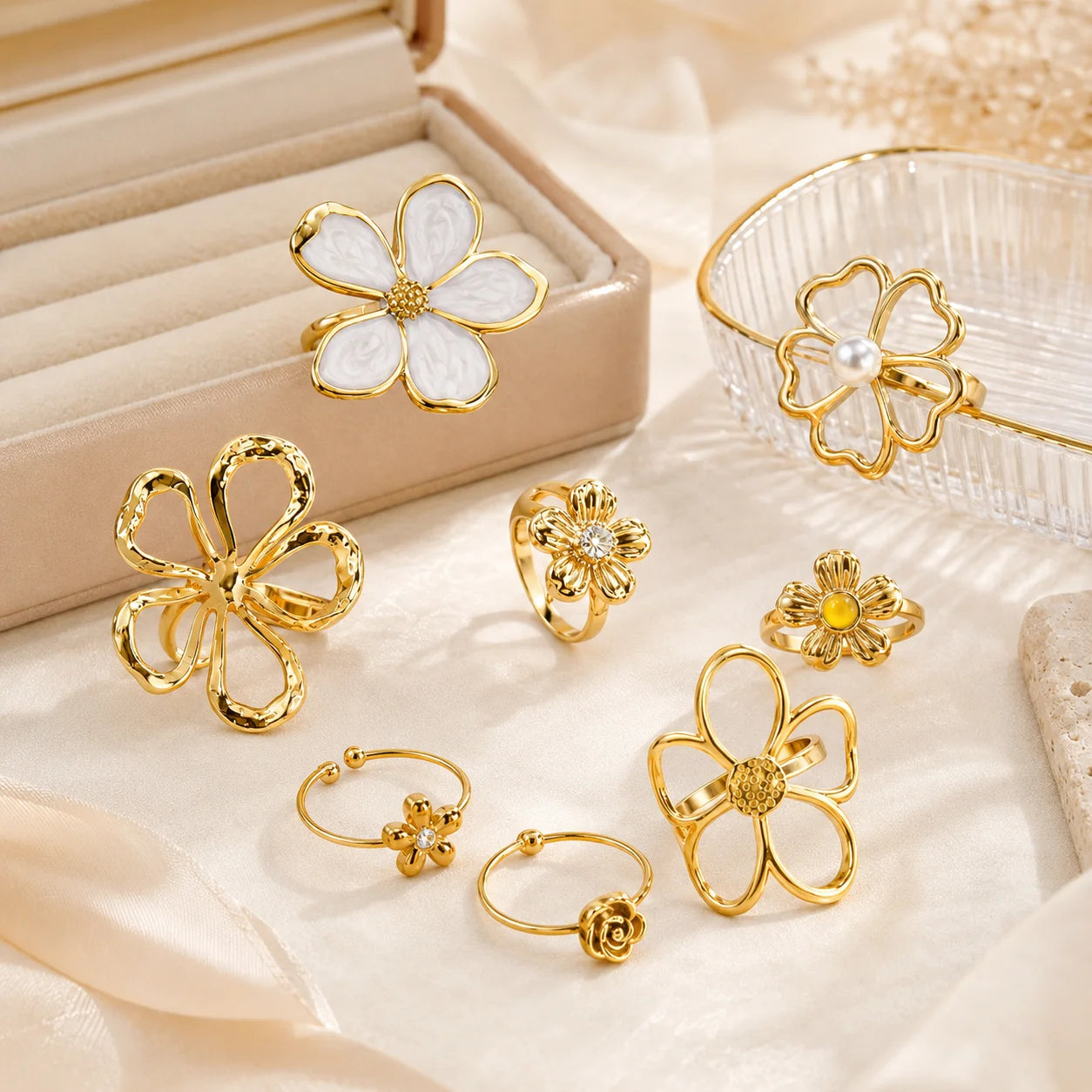 18K Gold Plated Vintage Hollow Floral Statement Ring for Women
