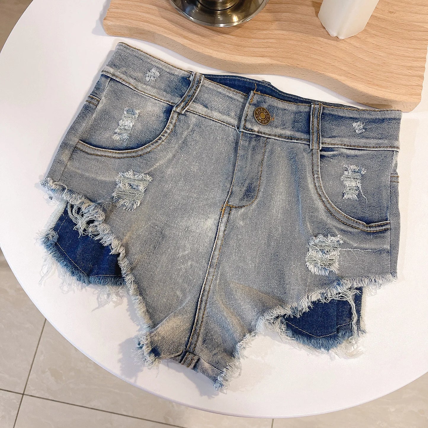 High Waist Hollow Out Ripped Denim Shorts