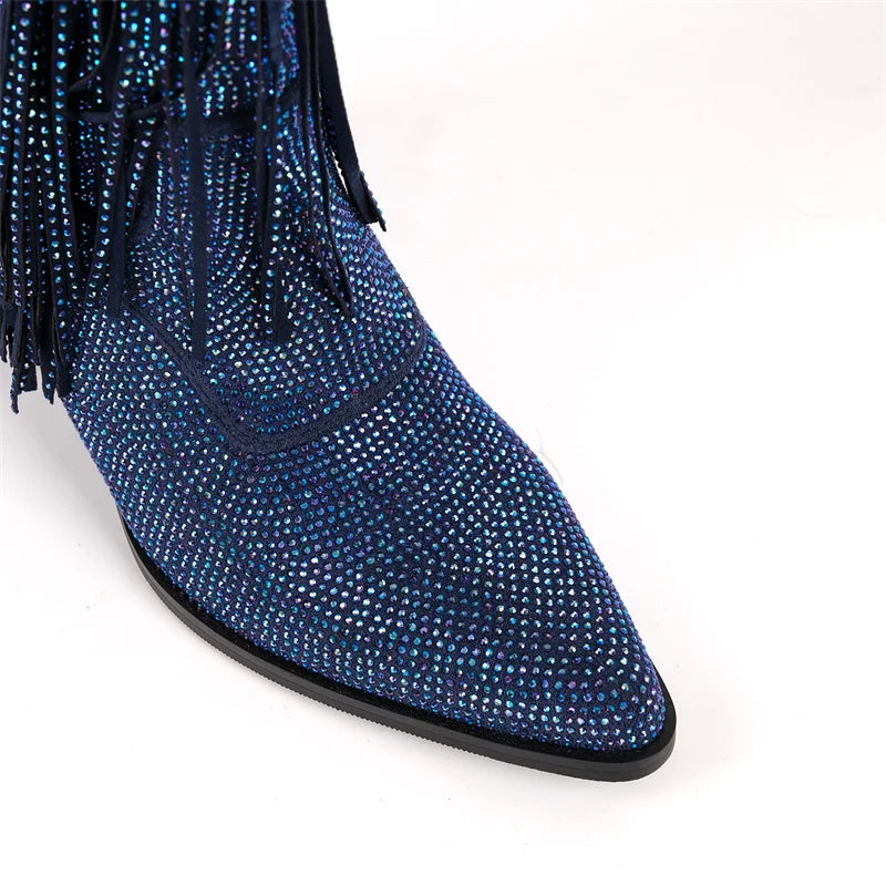 Premium Rhinestone Pointed Toe Mid-Calf Boots