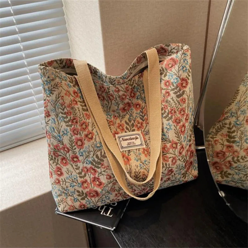 Embroidery Floral Canvas Handbags Delicate Blossom Pattern Tote Shoulder Bag for Women, Casual Outing, Work, Everyday Essentials