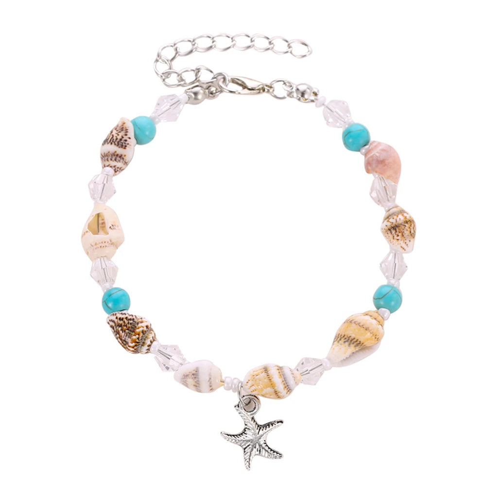 Bohemian Turquoise Starfish Beaded Anklet with Adjustable Chain