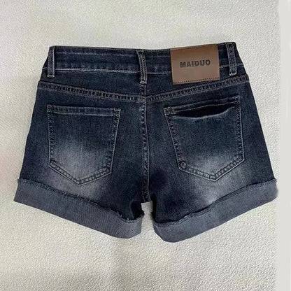 Low Rise Deep Blue Distressed Denim Shorts with Roll-Up Hem