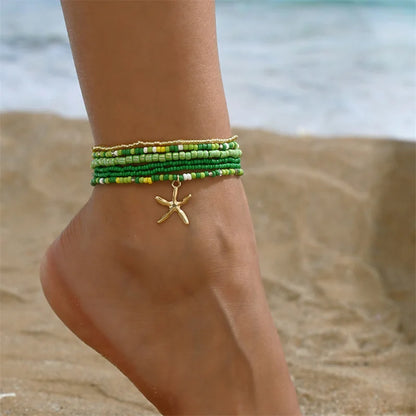 Bohemian Multi-Layer Beaded Anklet Set with Starfish Charm for Women