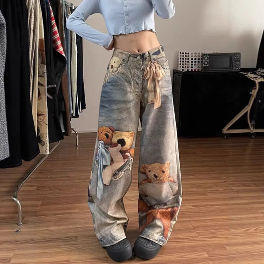 High-Waist Colorful Bear Print Straight-Leg Denim Jean