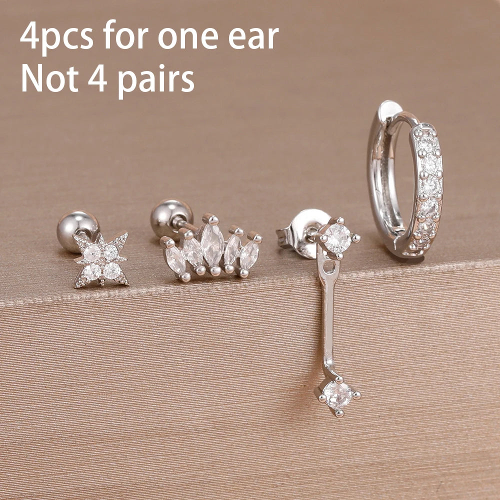 4-Piece Stainless Steel Zircon Huggie Hoop Earrings Set for Women