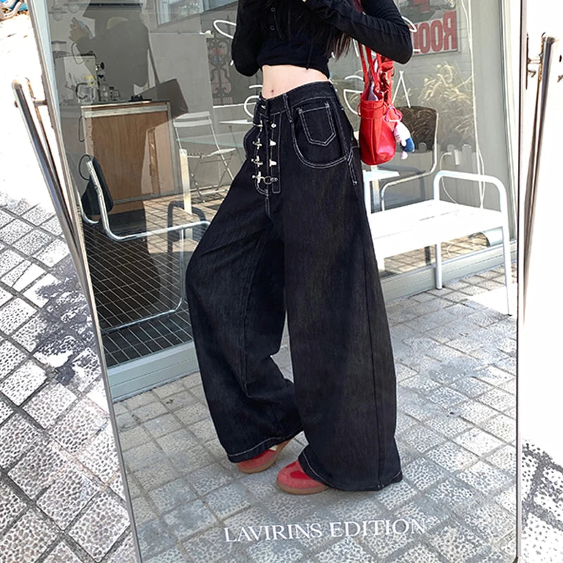 Premium High-Waist Distressed Wide Leg Jeans with Vintage Washed Finish