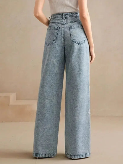Classic Stretch Denim Straight Leg Jeans with Embroidered Accents