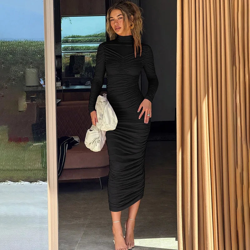 Bodycon Turtleneck Midi Dress with Long Sleeves