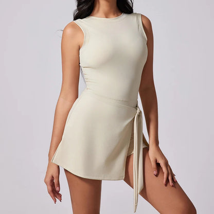 Sleeveless Athletic Tennis Dress with Built-In Shorts & Boat Neck