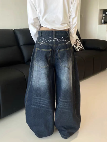Premium Vintage Washed Wide Leg Cargo Jeans with Relaxed Baggy Fit