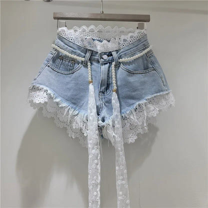 Raw Hem Denim Shorts with Crochet Lace Trim & Pearl Belt