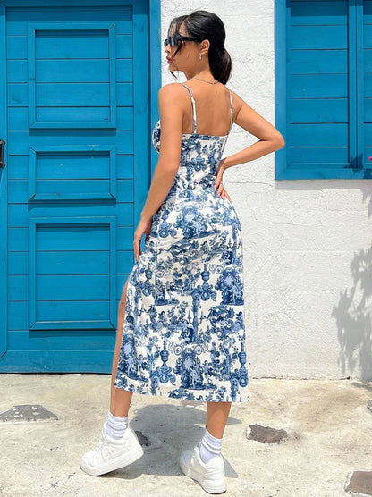Strapless Floral Print Maxi Dress with High Slit