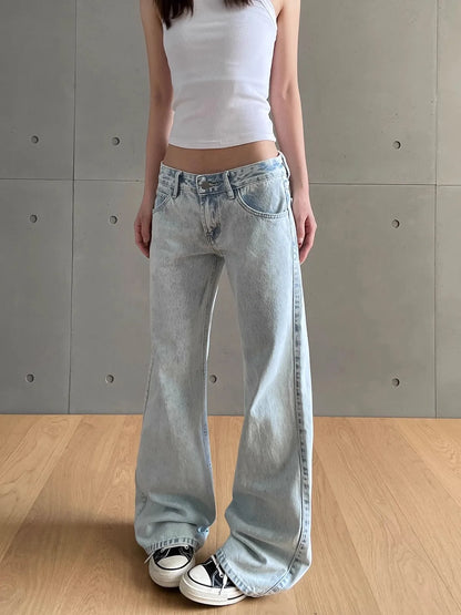 Luxury Vintage Washed Straight Leg Denim Jeans with Classic Low-Rise Fit