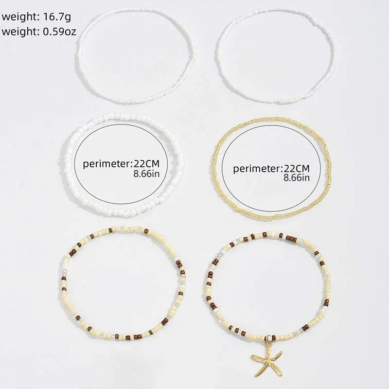 Bohemian Multi-Layer Beaded Anklet Set with Starfish Charm for Women