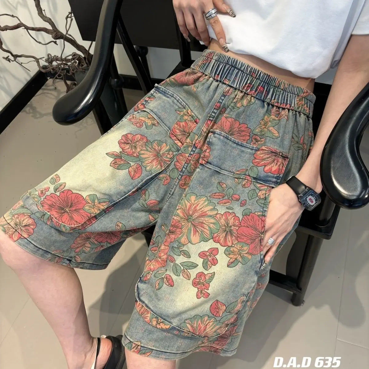 High Waist Floral Print Denim Shorts with Utility Pockets