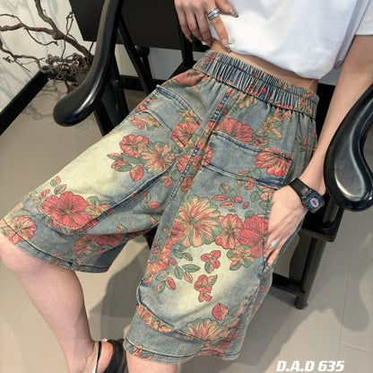 High Waist Floral Print Denim Shorts with Utility Pockets