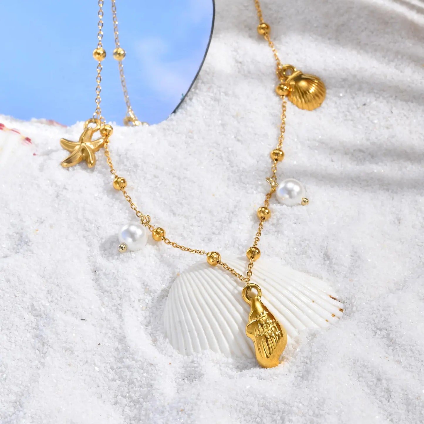 18K Gold Plated Stainless Steel Beach Charm Necklace with Pearl, Shell & Starfish