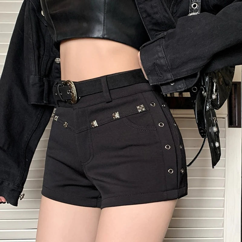 High Waist Black Denim Shorts with Metal Rivet Detail