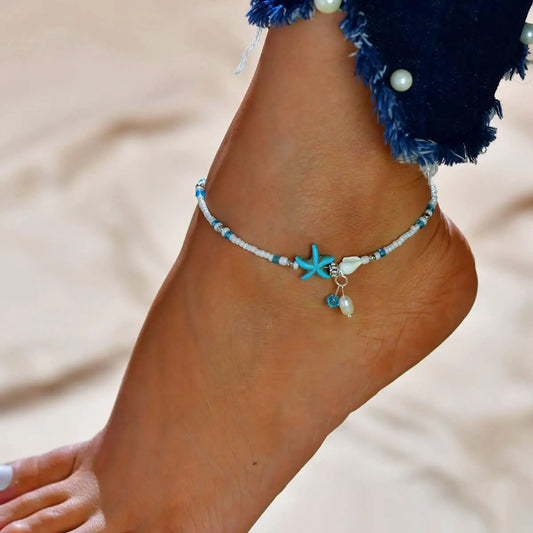 Bohemian Turquoise Starfish Beaded Anklet with Adjustable Chain