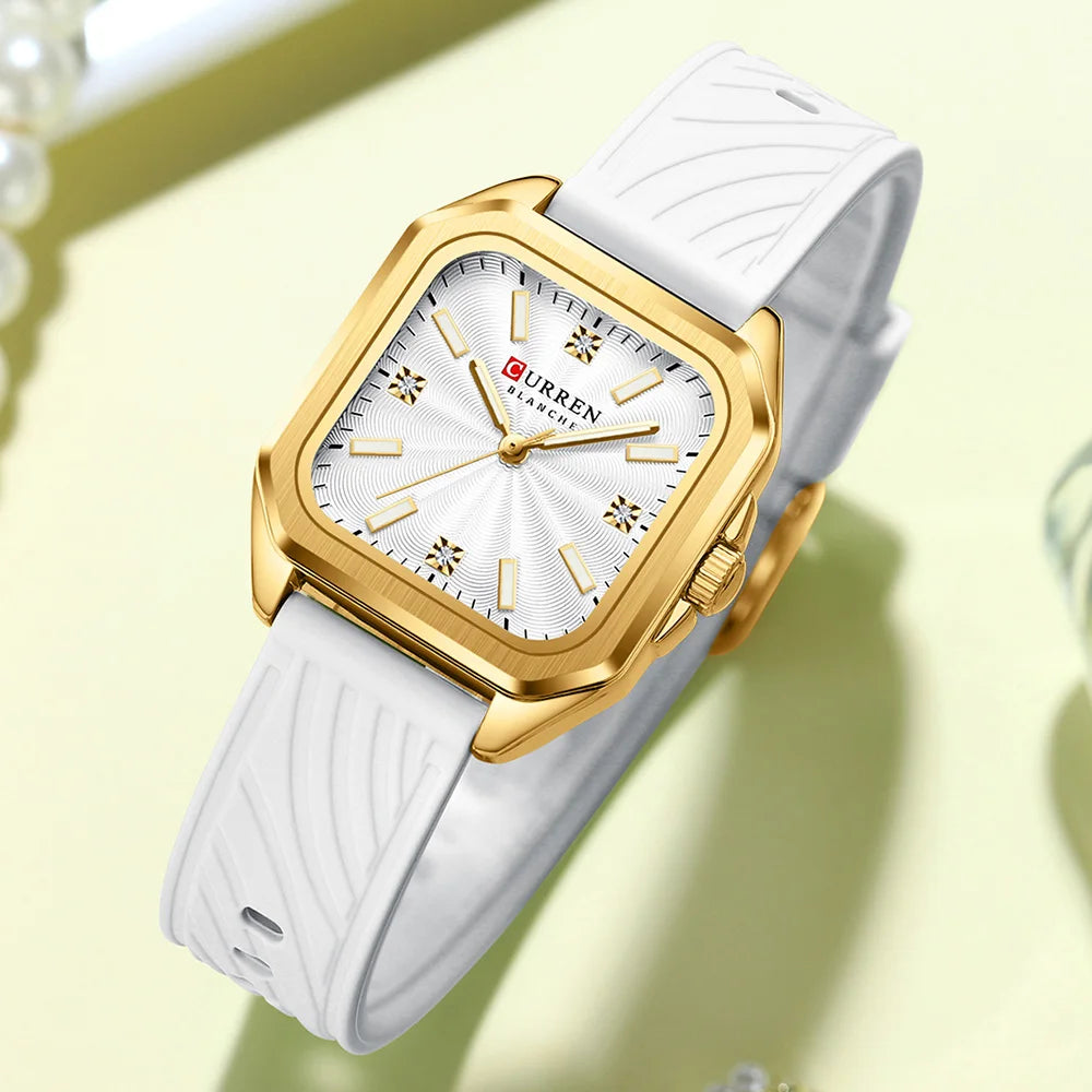 Luxury Square Quartz Wrist Watch with Silicone Strap & Water-Resistant Design