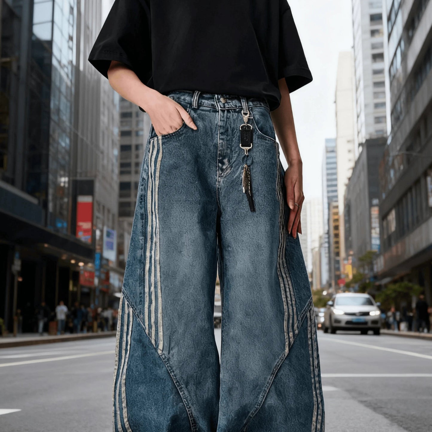 Vintage Washed Distressed Wide Leg Denim Jeans with Stripe Detail