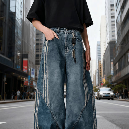 Vintage Washed Distressed Wide Leg Denim Jeans with Stripe Detail