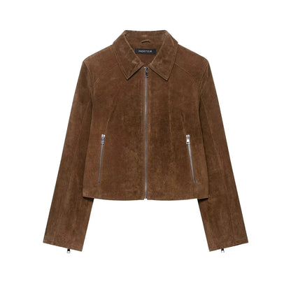 KONDALA 2025 Fall Winter Suede Zip Up Streetwear Women Jackets Fashion Casual Turndown Collar Brown Chic Elegant Ladies Jackets