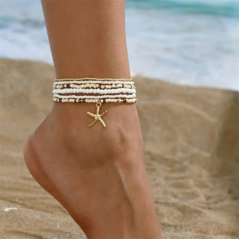 Bohemian Multi-Layer Beaded Anklet Set with Starfish Charm for Women