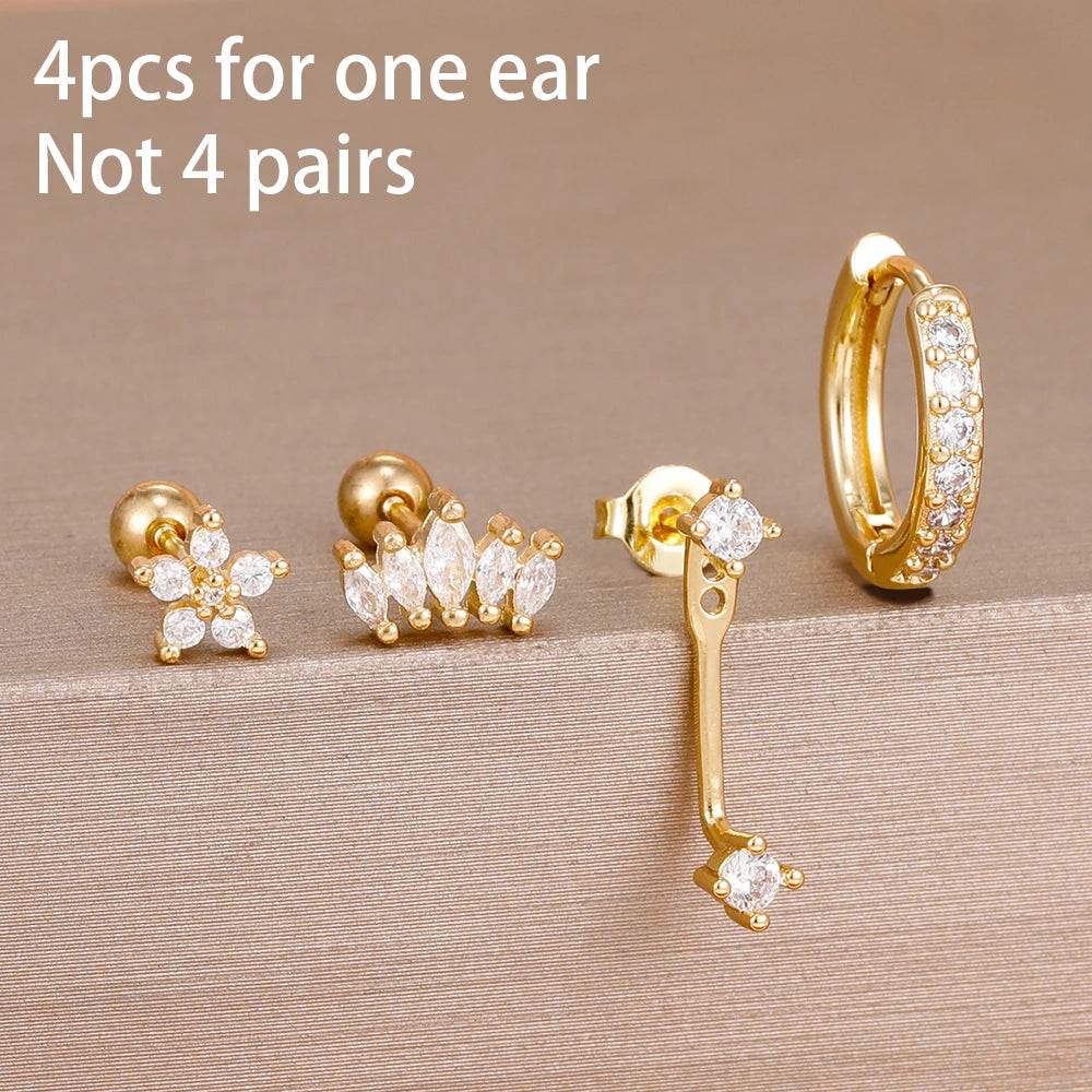 4-Piece Stainless Steel Zircon Huggie Hoop Earrings Set for Women