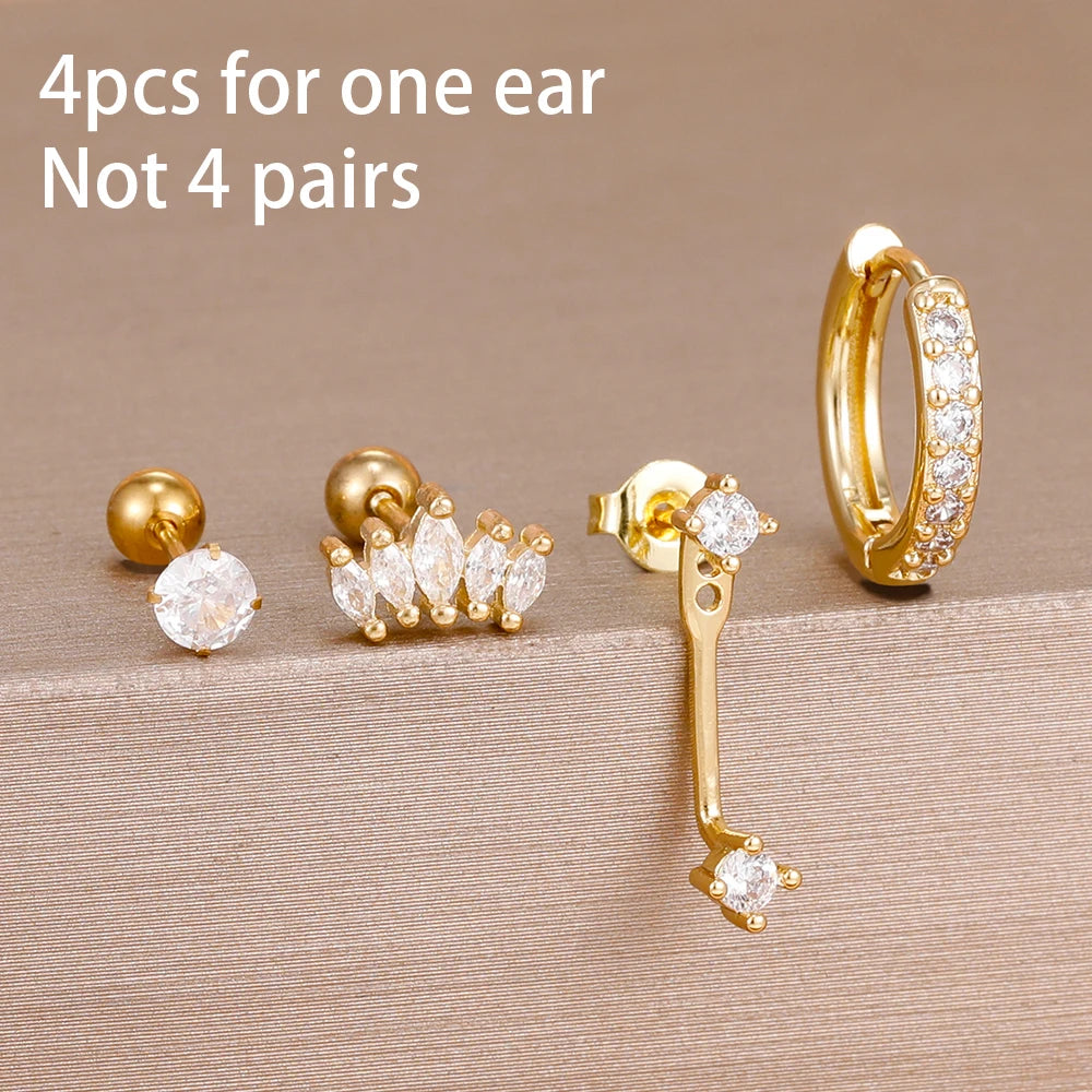 4-Piece Stainless Steel Zircon Huggie Hoop Earrings Set for Women