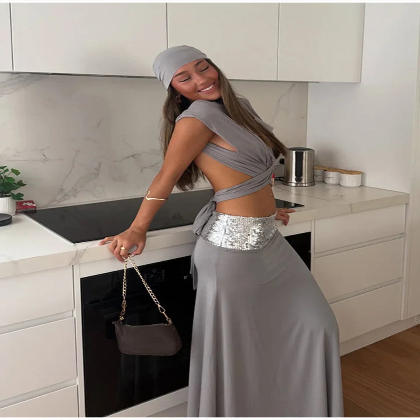 Sleeveless O-Neck Backless Two-Piece Maxi Skirt Set