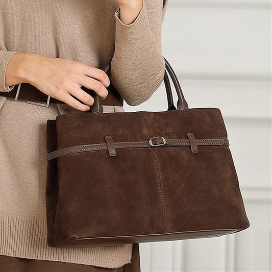 BURMINSA Large Genuine Suede Leather Work Tote Bag Women Vintage Cowhide Top Handle Shoulder Bag Daily Office Commuter Handbags