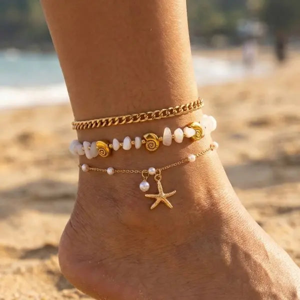 Bohemian Multi-Layer Beaded Anklet Set with Starfish Charm for Women