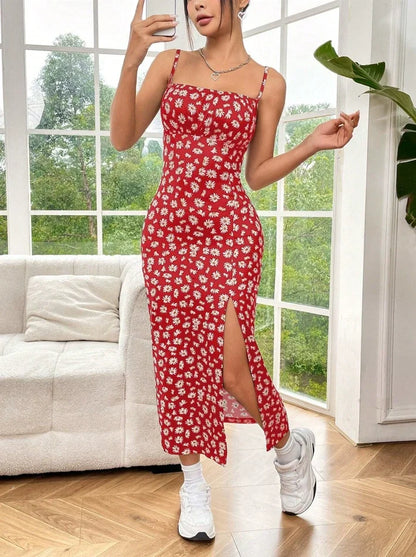 Strapless Floral Print Maxi Dress with High Slit