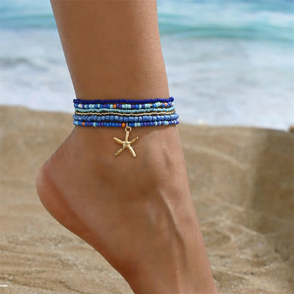 Bohemian Multi-Layer Beaded Anklet Set with Starfish Charm for Women