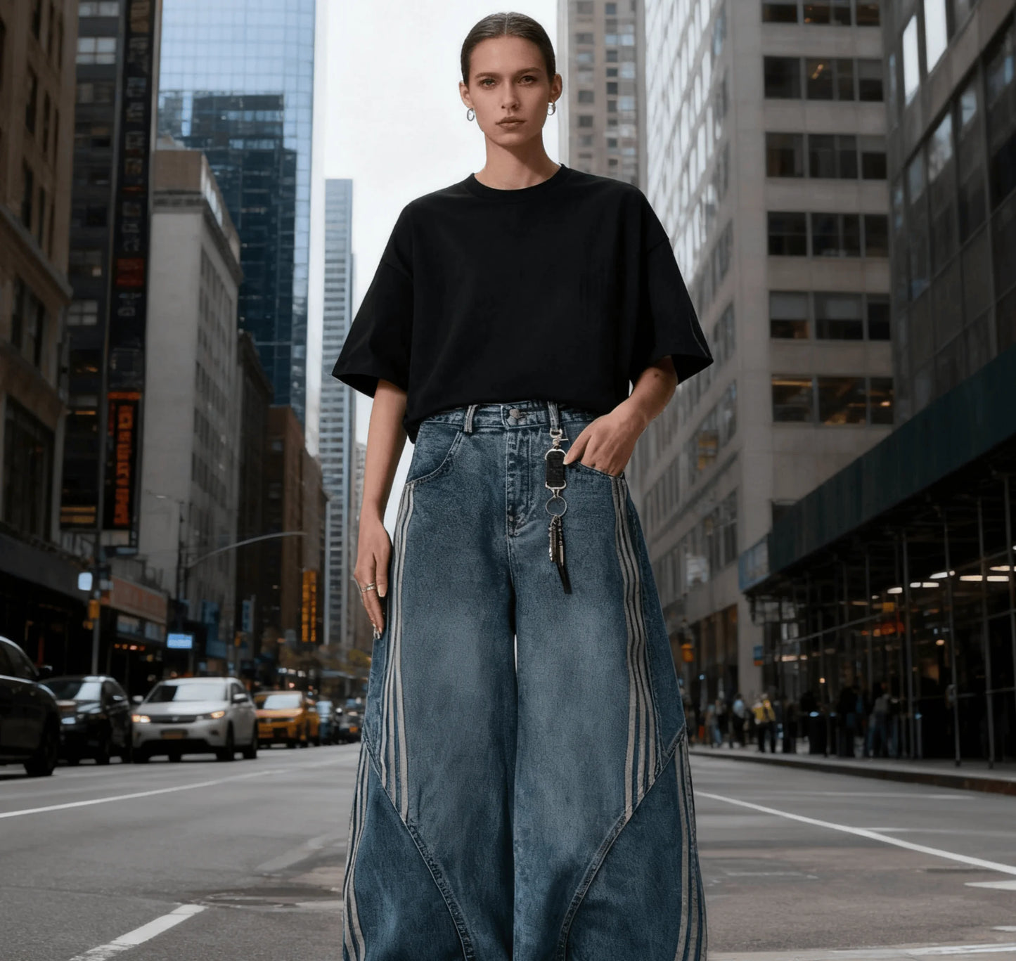 Vintage Washed Distressed Wide Leg Denim Jeans with Stripe Detail