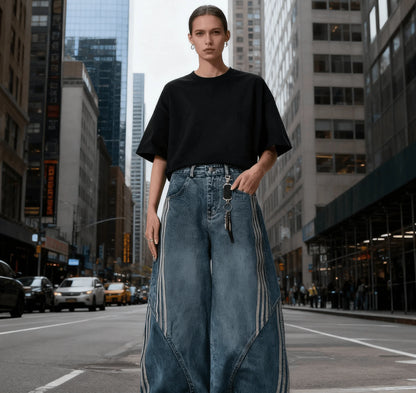 Vintage Washed Distressed Wide Leg Denim Jeans with Stripe Detail