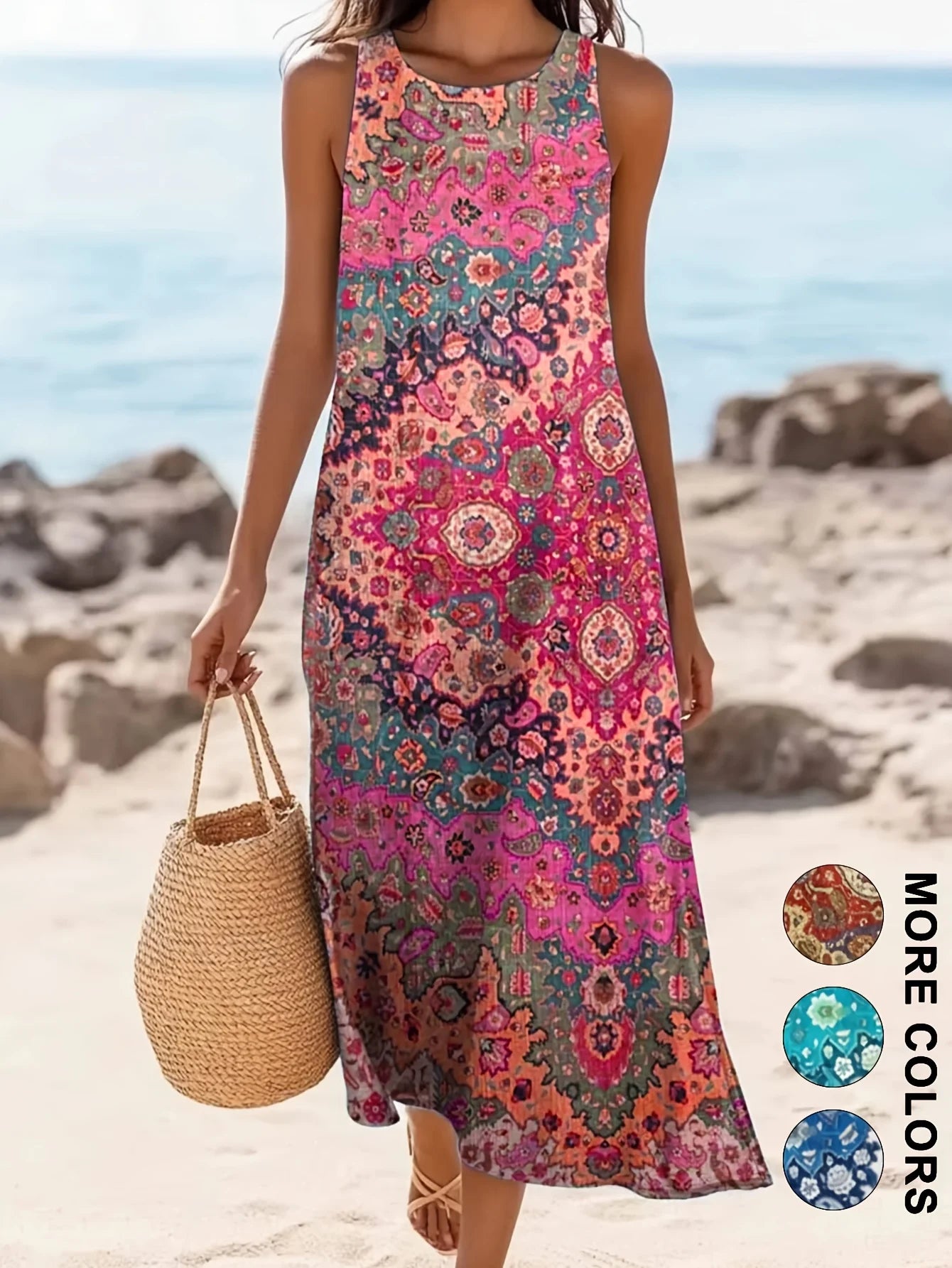 Sleeveless Bohemian Floral Midi Dress with Pockets