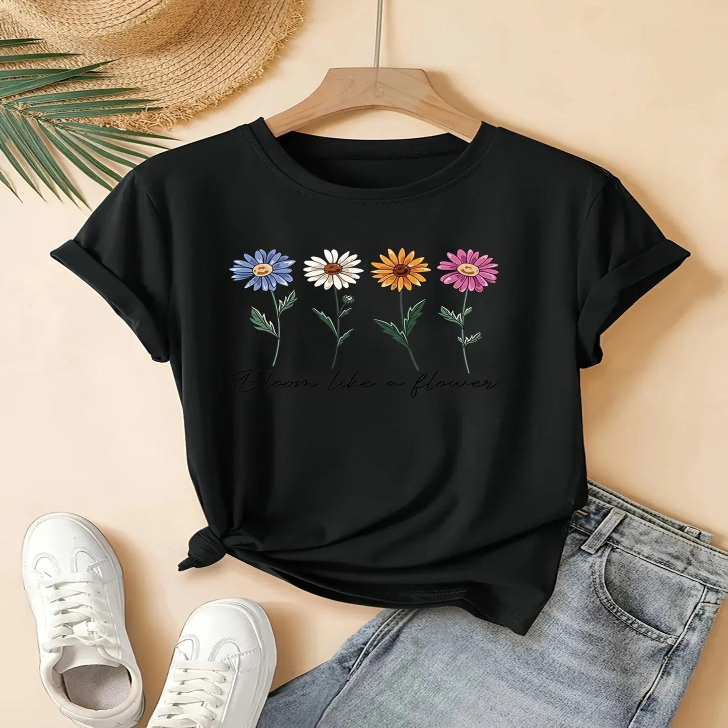 Retro Floral Print Short Sleeve Casual T-Shirt