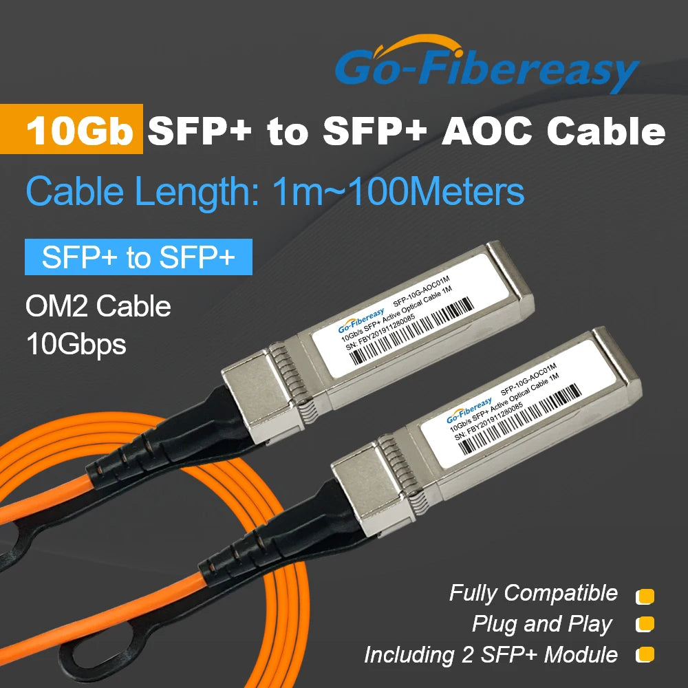 10Gb SFP+ to SFP+ Active Optical Cable (AOC) OM2 LSZH Fiber Cable for High-Speed Network Switch Connections
