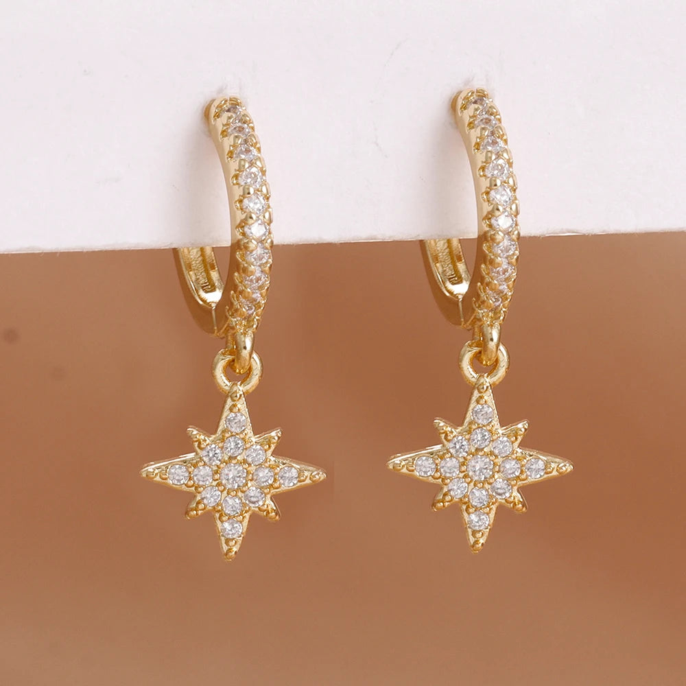 Luxury Stainless Steel Star Dangle Earrings with Sparkling Zircon