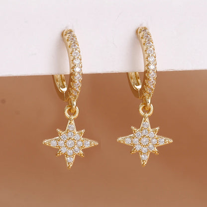 Luxury Stainless Steel Star Dangle Earrings with Sparkling Zircon
