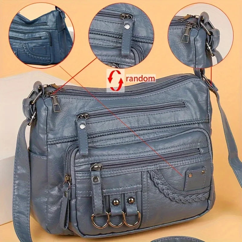 Vintage PU Crossbody Bag, Retro Multi Layer Shoulder Bag, Women's Fashion Handbag & Purse, Female Work Travel Messenger Bag