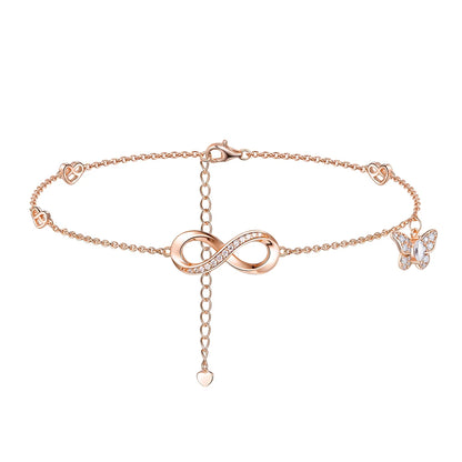925 Sterling Silver Moissanite Anklet with Infinity, Heart & Butterfly Charms