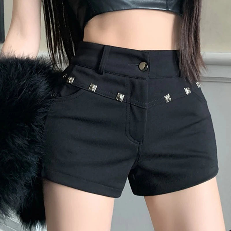 High Waist Black Denim Shorts with Metal Rivet Detail