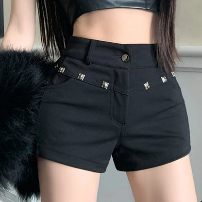High Waist Black Denim Shorts with Metal Rivet Detail