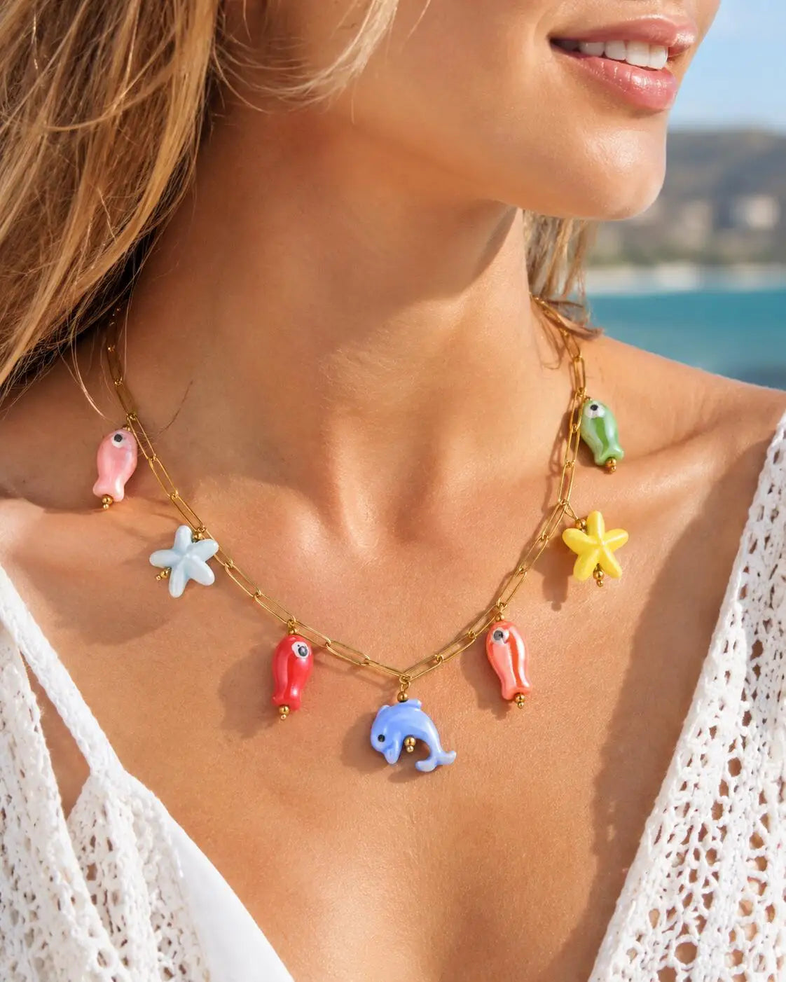 18K Gold Plated Stainless Steel Beach Charm Necklace with Pearl, Shell & Starfish
